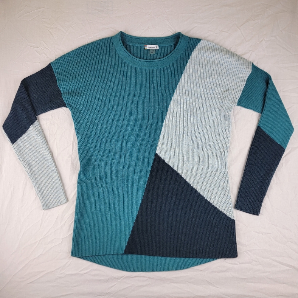 Smartwool Merino Wool Blend Colorblock Ribbed Sweater Women's Crew Neck Teal